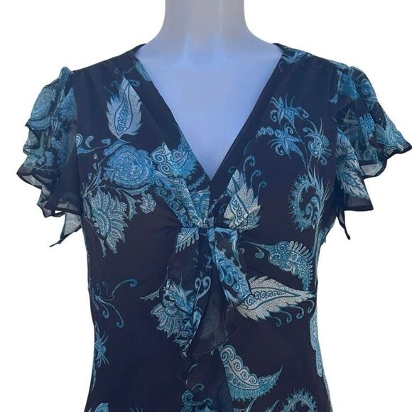 MSK Midi Dress Women's Sz 10 Brown Teal Floral Twist Front Ruffle Flutter Sleeve - Picture 9 of 16